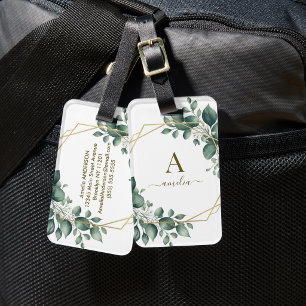 Eucalyptus Greenery Monogram Gold Geometric Frame Luggage Tag