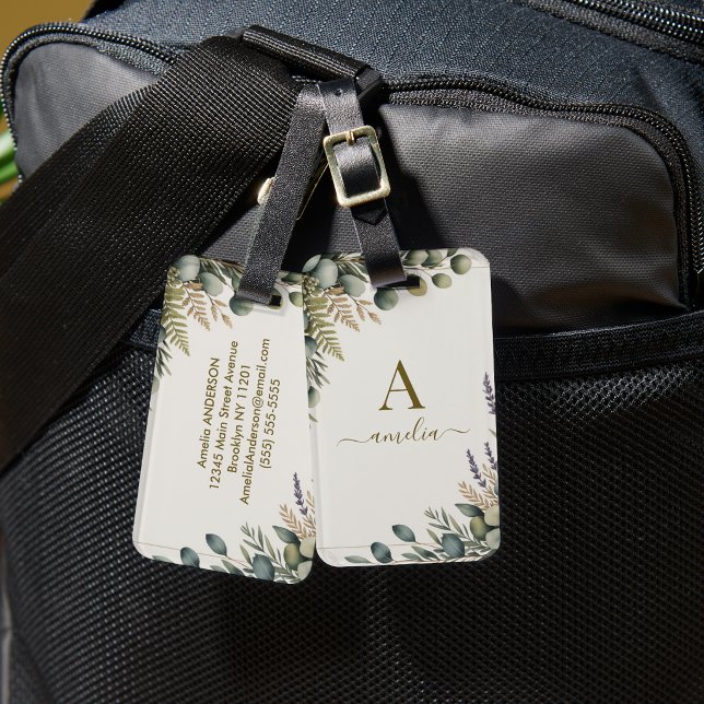 Eucalyptus Greenery Monogram Gold Geometric Frame  Luggage Tag (Creator Uploaded)