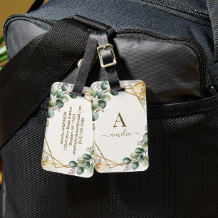 Eucalyptus Greenery Monogram Gold Geometric Frame Luggage Tag