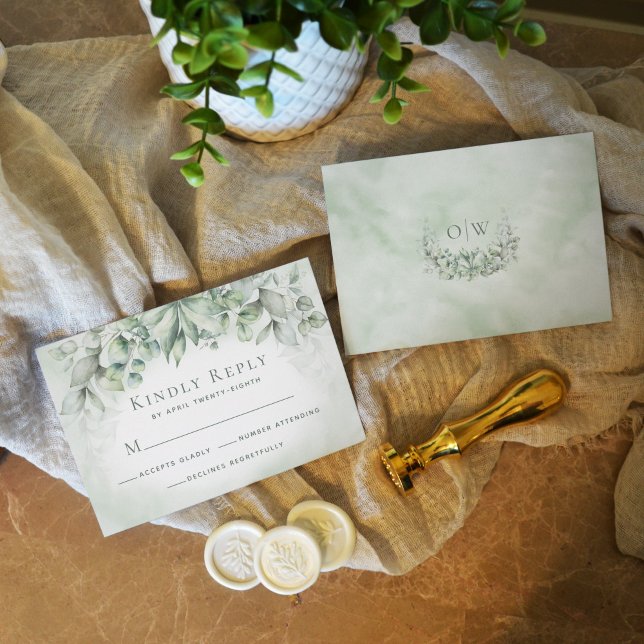 Eucalyptus Greenery Monogram Sage Wedding RSVP Card (Creator Uploaded)