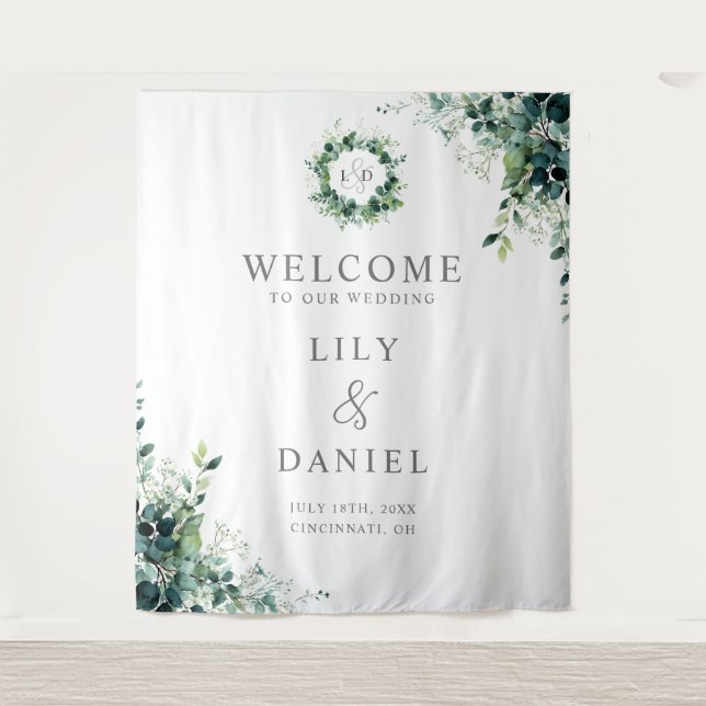 Eucalyptus Greenery Monogram Wedding Backdrop Tapestry (Front)