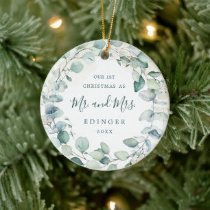 Eucalyptus Greenery Mr. and Mrs. Newlywed Photo Ceramic Tree Decoration