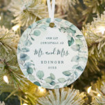 Eucalyptus Greenery Mr. and Mrs. Photo Newlywed Metal Tree Decoration<br><div class="desc">Elegant ornament featuring a wreath comprised of eucalyptus leaves and greenery with a hint of blue with "Our First Christmas as Mr. and Mrs." along with your last name and year in dark green over a pastel watercolor wash. The backside has your favourite wedding photo. This rustic, botanical ornament also...</div>