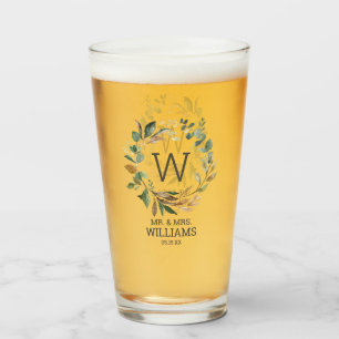 Eucalyptus Greenery Mr and Mrs Wedding Monogram Glass