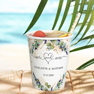Eucalyptus greenery mr mrs heart wedding paper cups