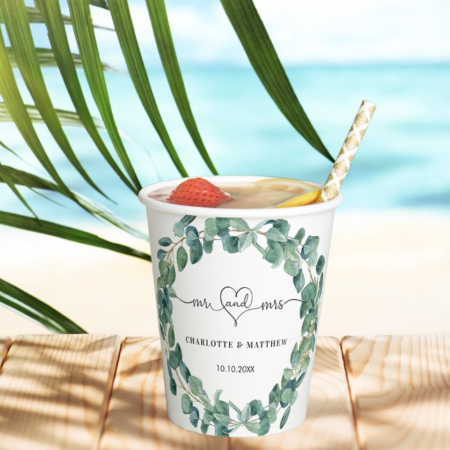Eucalyptus greenery mr mrs heart wedding paper cups (Creator Uploaded)