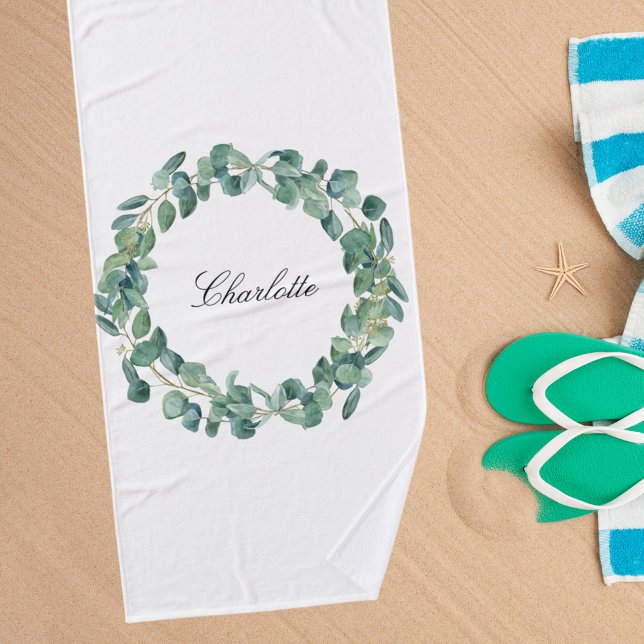 Eucalyptus greenery name script white bath towel set (Creator Uploaded)