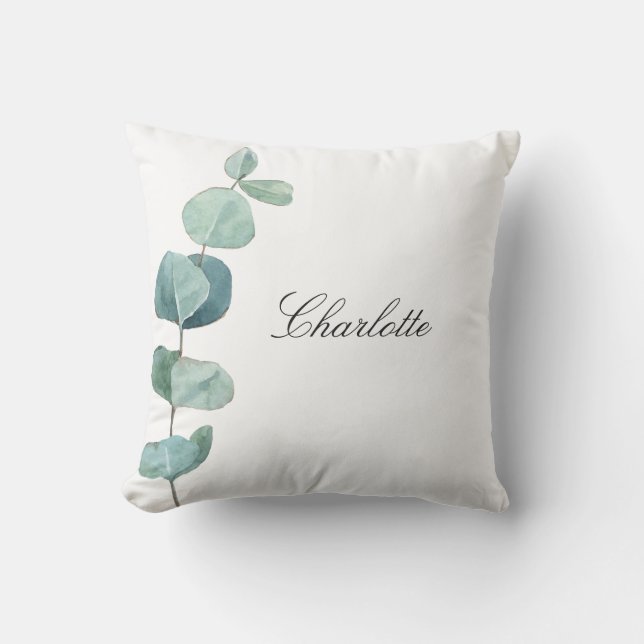 Eucalyptus greenery name script white cushion (Front)
