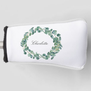Eucalyptus greenery name script white golf head cover