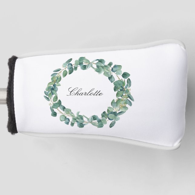 Eucalyptus greenery name script white golf head cover (Front)