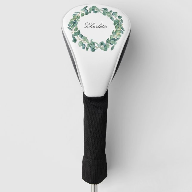 Eucalyptus greenery name script white golf head cover (Front)