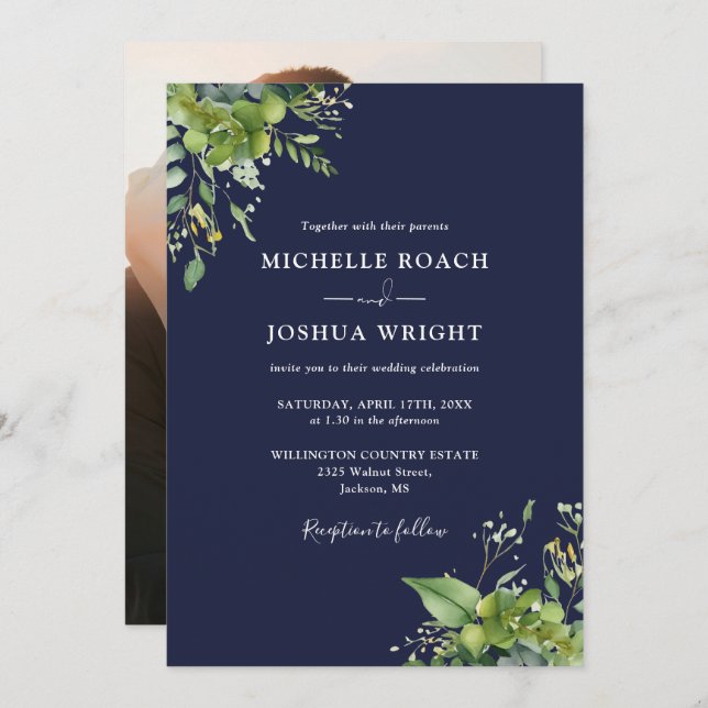 Eucalyptus Greenery Navy Blue Photo Wedding Invitation (Front/Back)