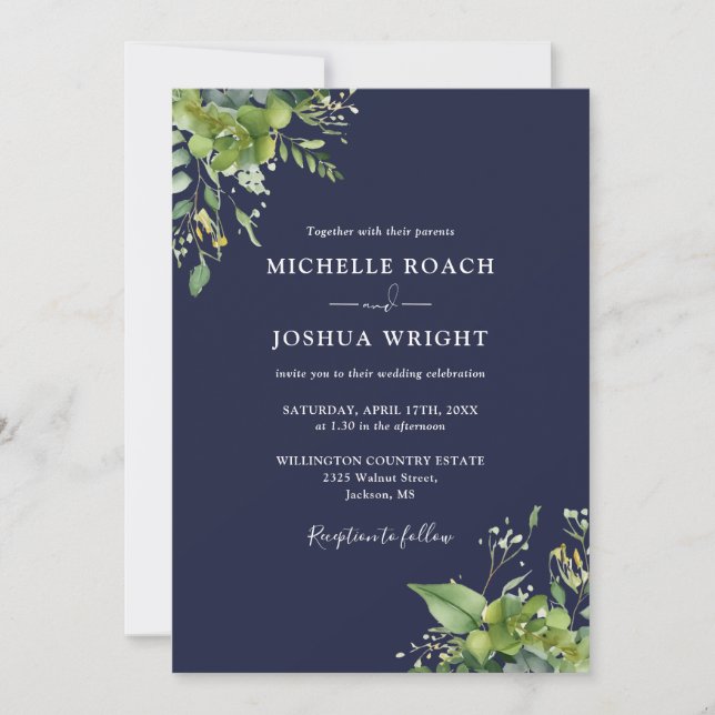 Eucalyptus Greenery Navy Blue QR Code Wedding Invitation (Front)