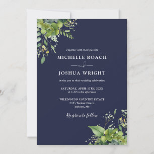 Eucalyptus Greenery Navy Blue QR Code Wedding Invitation