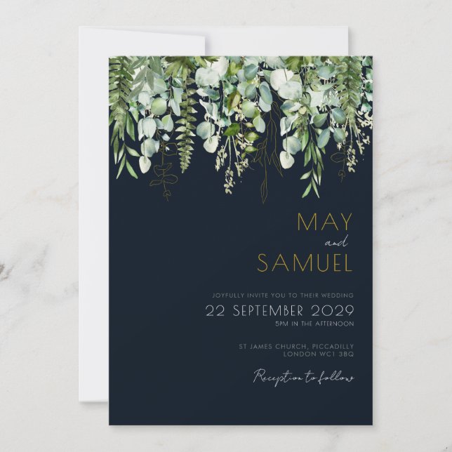 Eucalyptus Greenery & Navy Wedding Invitation (Front)