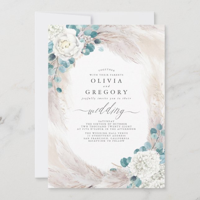 Eucalyptus Greenery Pampas Grass Exotic Wedding Invitation (Front)