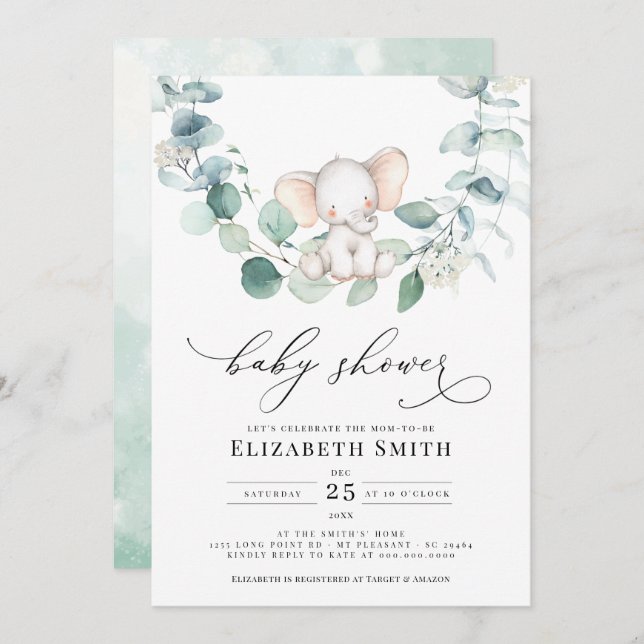 Eucalyptus Greenery Peanut Elephant Baby Shower Invitation (Front/Back)