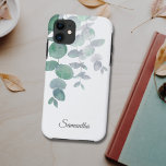 Eucalyptus Greenery Personalised Name  Case-Mate iPhone Case<br><div class="desc">This elegant case iPhone case is decorated with watercolor eucalyptus leaves in soft shades of green on a white background. Customise it with your name or monogram. To edit further use the Design Tool to change the font, font size, or colour. Because we create our artwork you won't find this...</div>