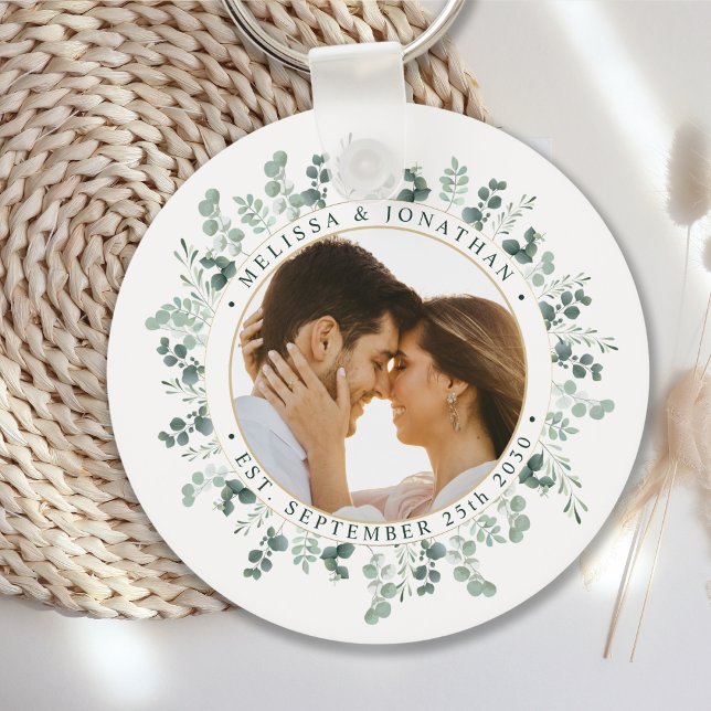Eucalyptus Greenery Personalised Photo Wedding Key Ring (Creator Uploaded)