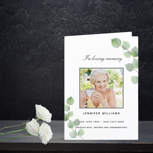 Eucalyptus greenery photo elegant funeral program thank you card (Creator Uploaded)