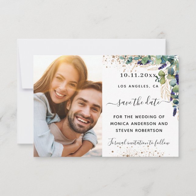 Eucalyptus greenery photo wedding save the date (Front)