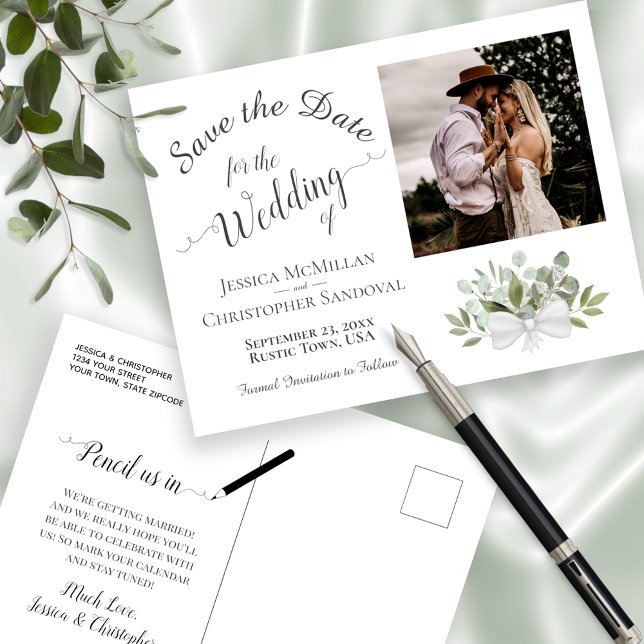 Eucalyptus Greenery & Photo Wedding Save the Date Announcement Postcard (Creator Uploaded)