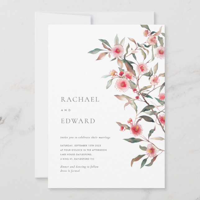 Eucalyptus Greenery & Pink Florals Wedding Invitation (Front)