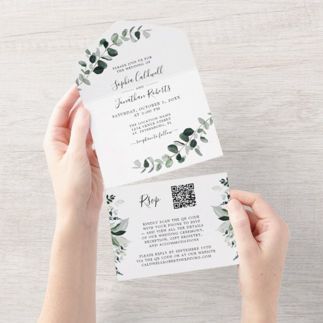 Eucalyptus Greenery QR Code RSVP White Wedding All In One Invitation (Tearaway)