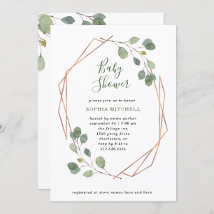 Eucalyptus Greenery   Rose Gold Geo Baby Shower Invitation