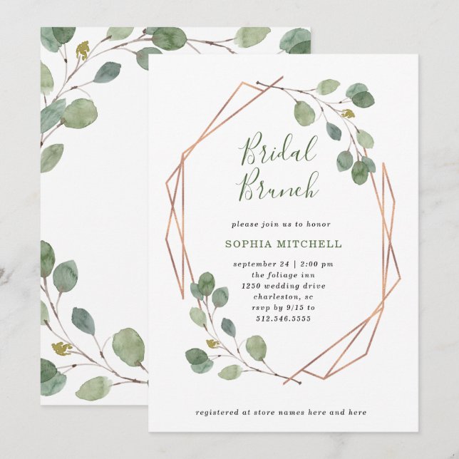 Eucalyptus Greenery | Rose Gold Geo Bridal Brunch Invitation (Front/Back)