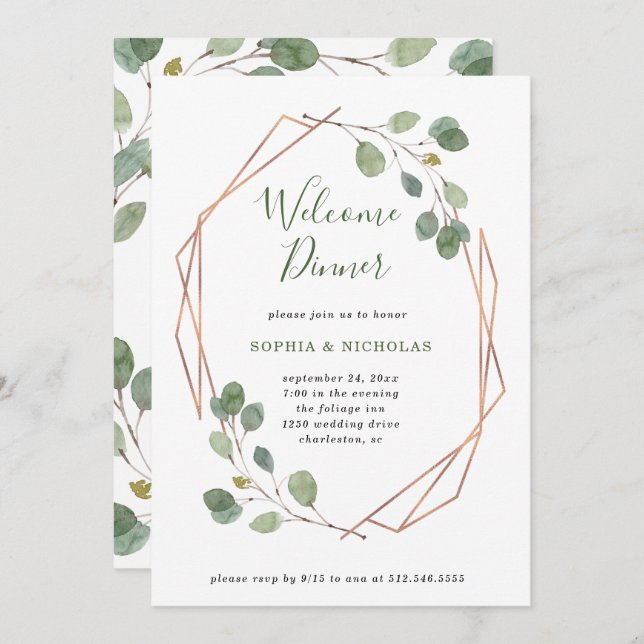 Eucalyptus Greenery | Rose Gold Geo Welcome Dinner Invitation (Front/Back)
