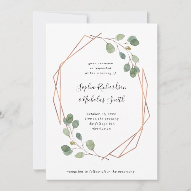 Eucalyptus Greenery | Rose Gold Geometric Wedding Invitation (Front)