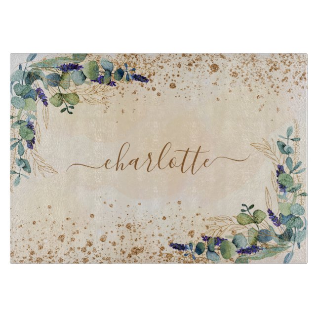 Eucalyptus greenery rose gold glitter name cutting board (Front)