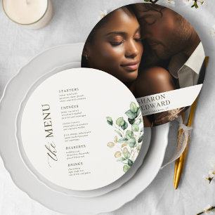 Eucalyptus Greenery Round Wedding Photo Menu Card