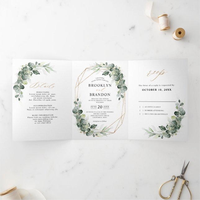 Eucalyptus Greenery Rustic Geometric Wedding Tri-Fold Announcement (Inside)