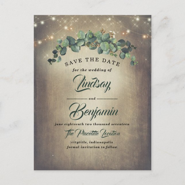 Eucalyptus Greenery Rustic Save the Date Announcement Postcard (Front)