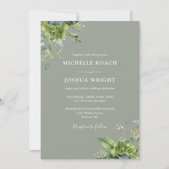 Eucalyptus Greenery Sage Green QR Code Wedding Invitation (Front)