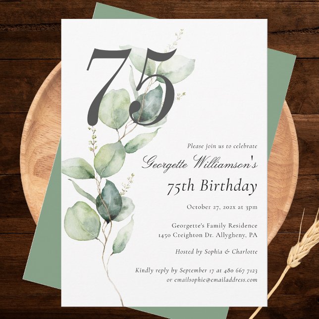 Eucalyptus Greenery Script 75th Birthday Invitation (Watercolor Eucalyptus Minimalist 75th Birthday Party Invitation)