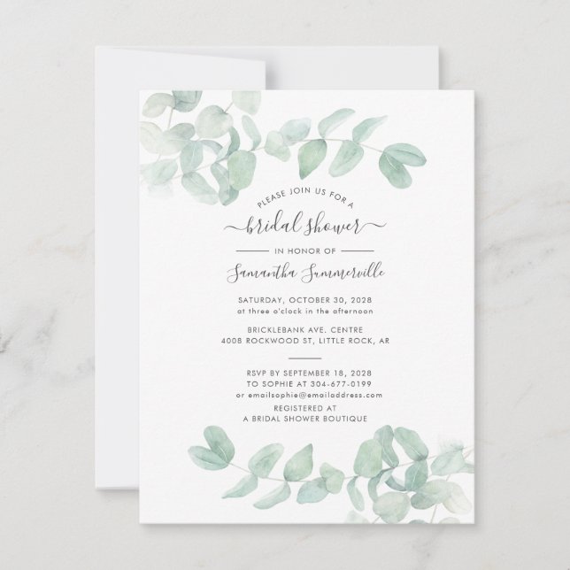 Eucalyptus Greenery Script Botanical Bridal Shower Invitation (Front)