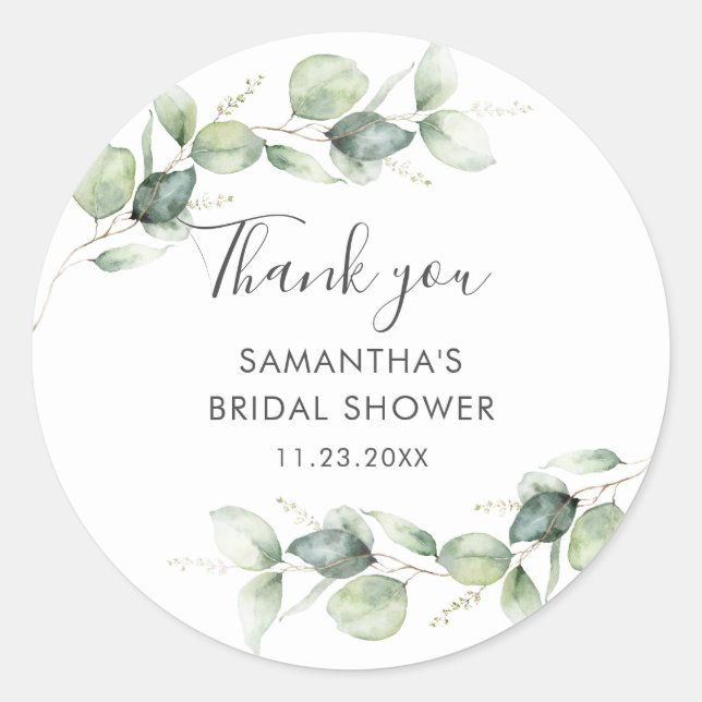 Eucalyptus Greenery Script Bridal Shower Thanks Classic Round Sticker (Front)