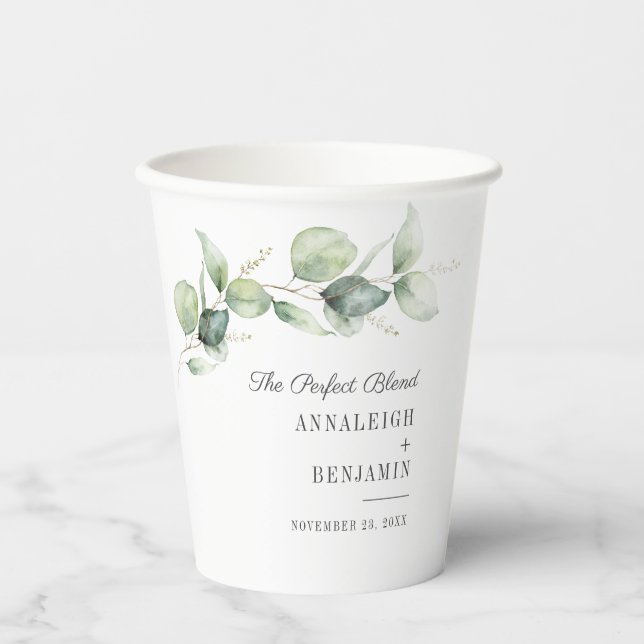 Eucalyptus Greenery Script Wedding Reception Paper Cups (Front)