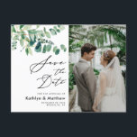 Eucalyptus Greenery Script Wedding Save The Date Announcement Postcard<br><div class="desc">Eucalyptus Greenery Modern Script Photo Wedding Save The Date Announcement Postcard. Let your family, friends and colleagues know that you have set a date for your wedding celebration with this elegant, stylish and modern wedding save the date invitation card. All the texts are pre-arranged for you to personalise easily and...</div>