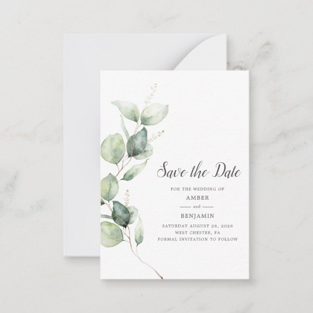 Eucalyptus Greenery Script Wedding Save the Date Card (Front)