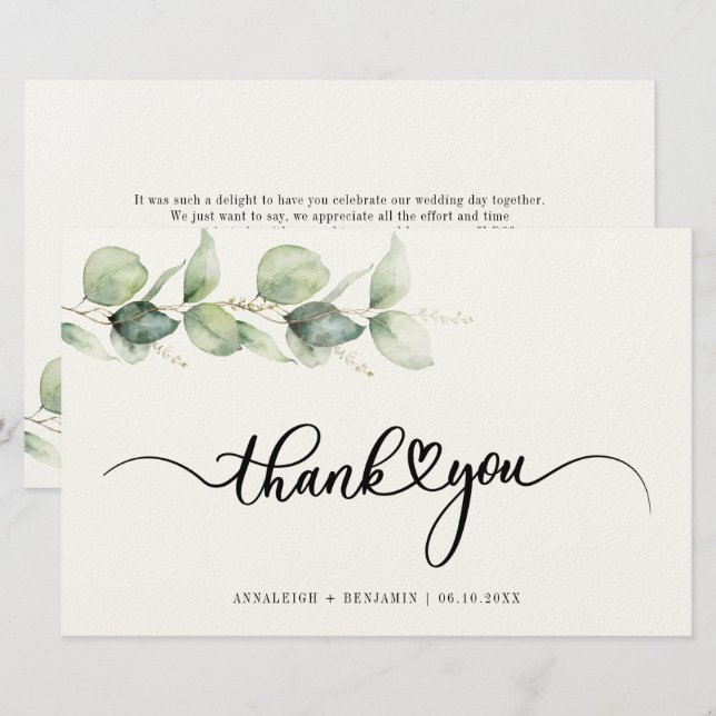 Eucalyptus Greenery Script Wedding Thank You Stationery (Front/Back)