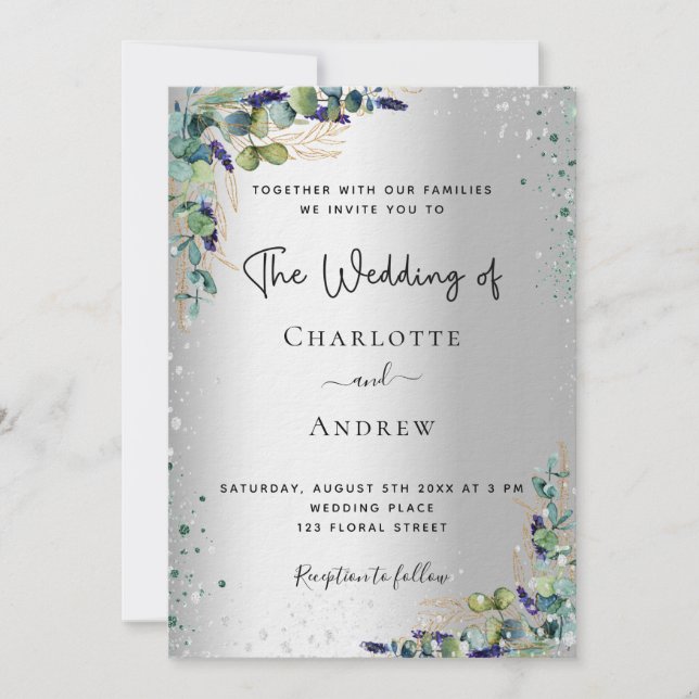 Eucalyptus greenery silver script luxury wedding invitation (Front)