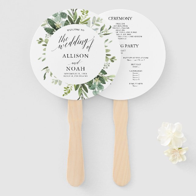 Eucalyptus greenery simple elegant wedding program hand fan (Front and Back)