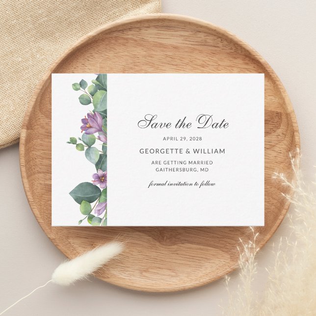 Eucalyptus Greenery Succulent Script Save the Date Card (Save the Date Purple Sage Green Wedding Announcement)