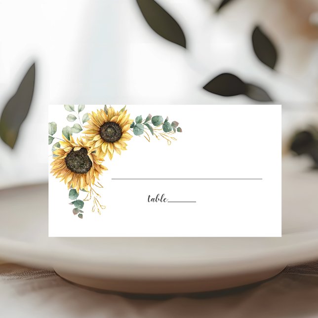 Eucalyptus Greenery Sunflower Script Wedding Table Place Card (Sunflower Eucalyptus Greenery Wedding Table Placecard)