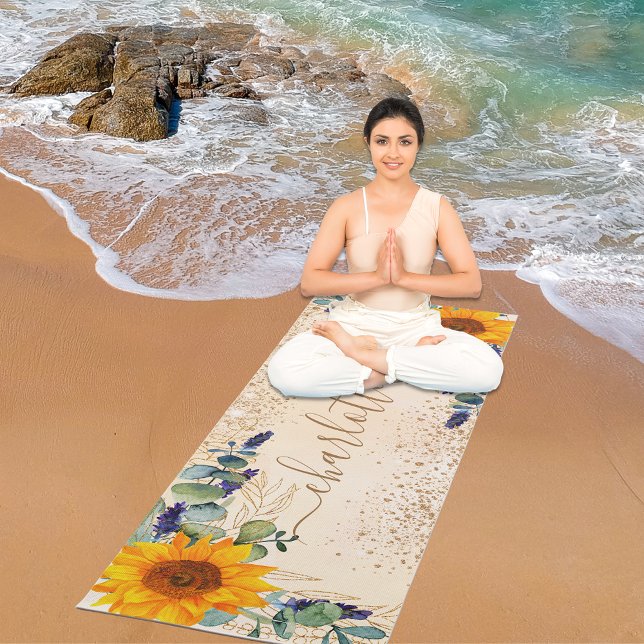 Eucalyptus greenery sunflowers glitter dust yoga mat (Creator Uploaded)