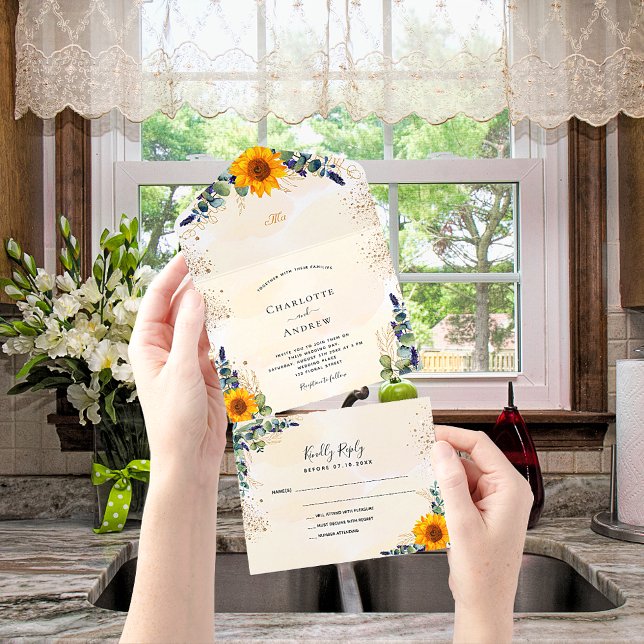 Eucalyptus greenery sunflowers golden wedding all in one invitation (Creator Uploaded)